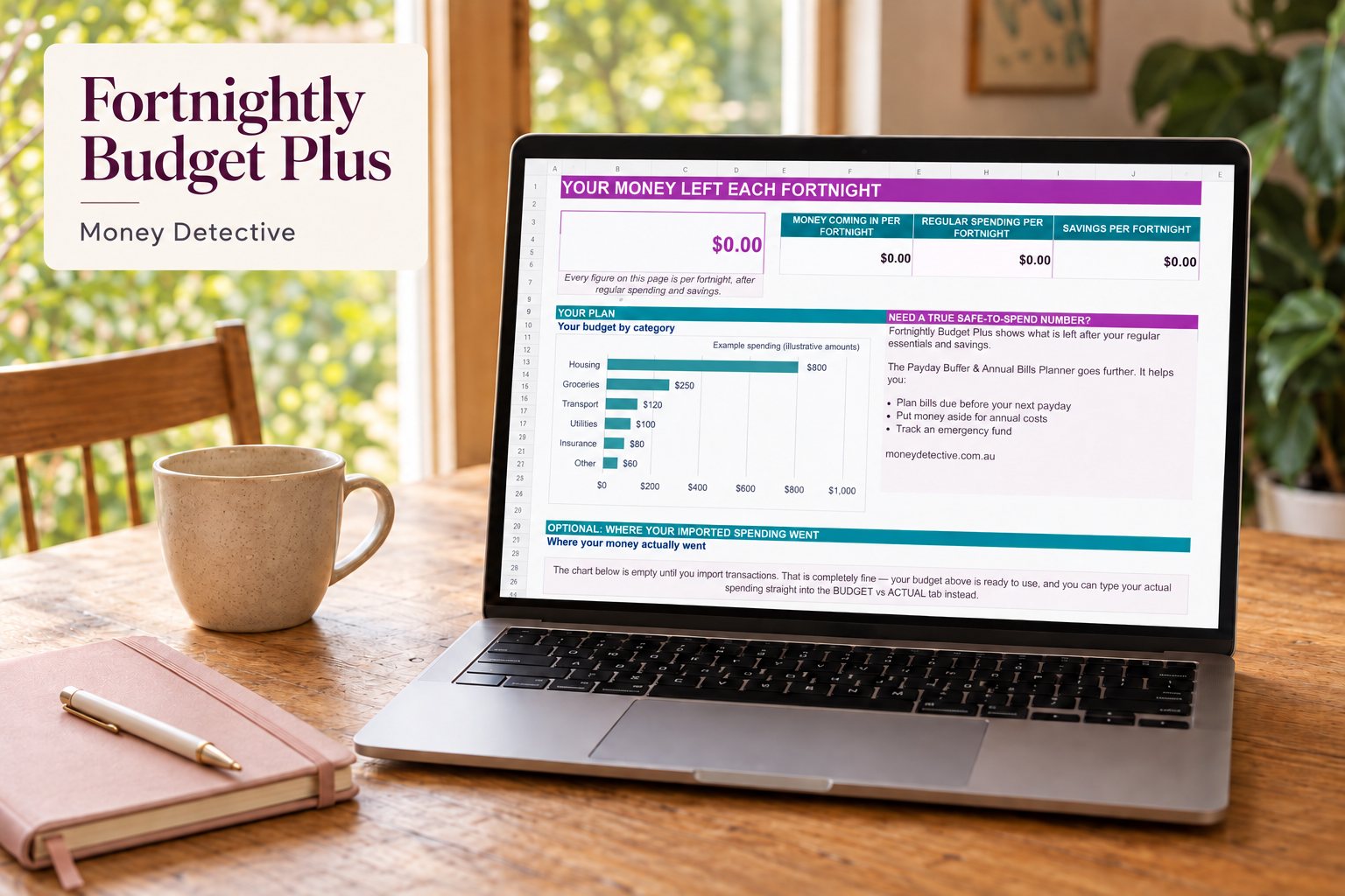 Fortnightly Budget Plus dashboard on a laptop