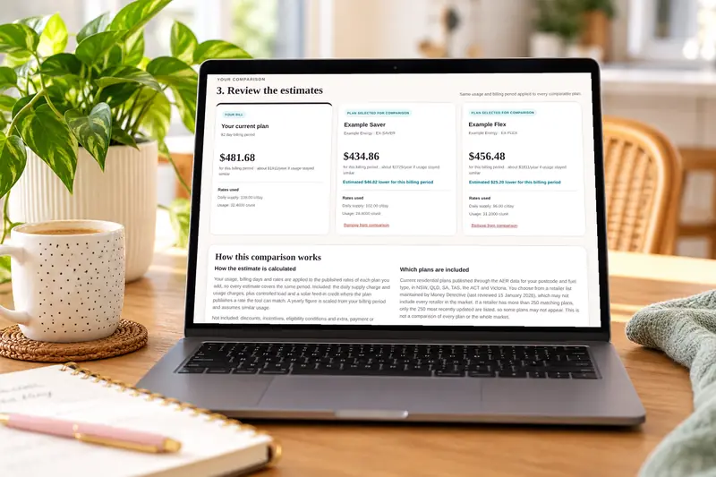 Energy Plan Check on a laptop, comparing electricity plans using a household energy bill