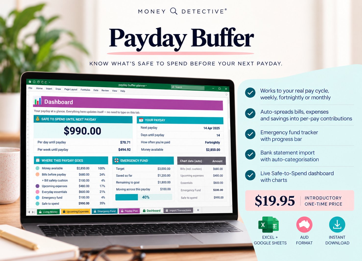 Payday Buffer and Annual Bills Planner shown on a laptop: the Dashboard with $990 safe to spend until next payday.